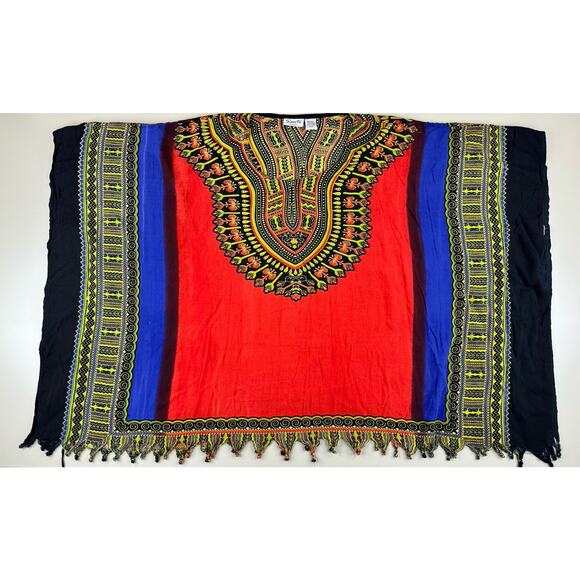 VTG Santé Classics Dashiki Kaftan Tunic Top Multicolor Boho Fringe Hem One Size - Picture 4 of 11